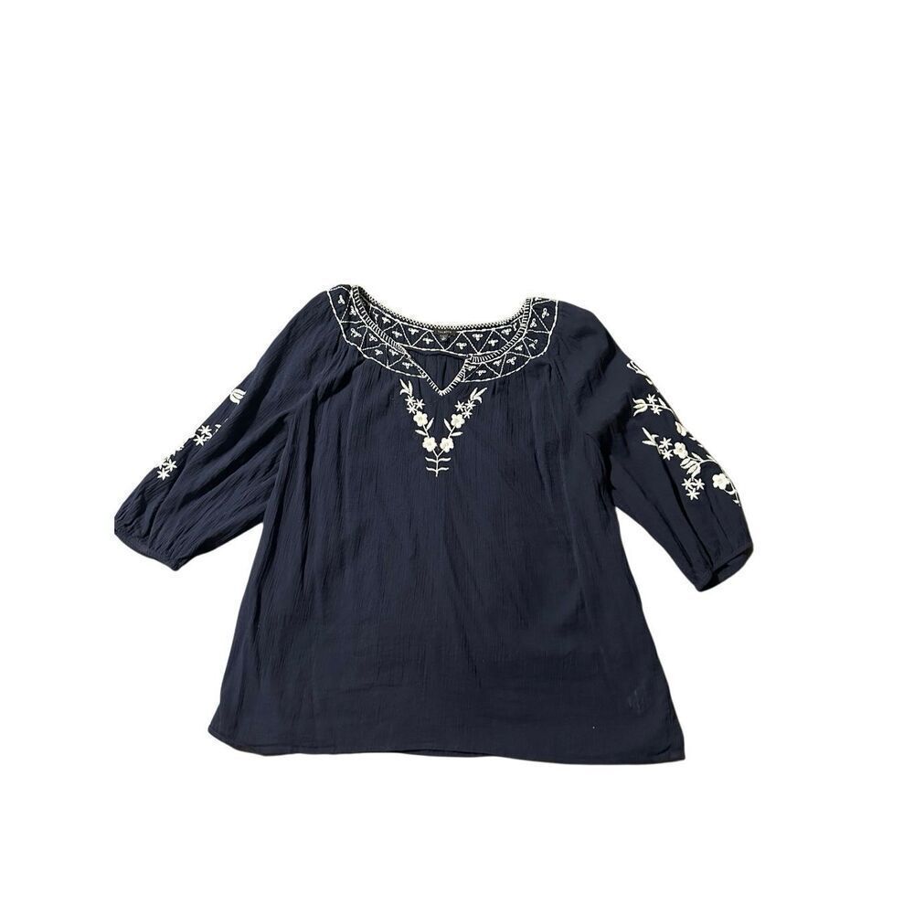Talbots navy embroidered gauze blouse top boho L